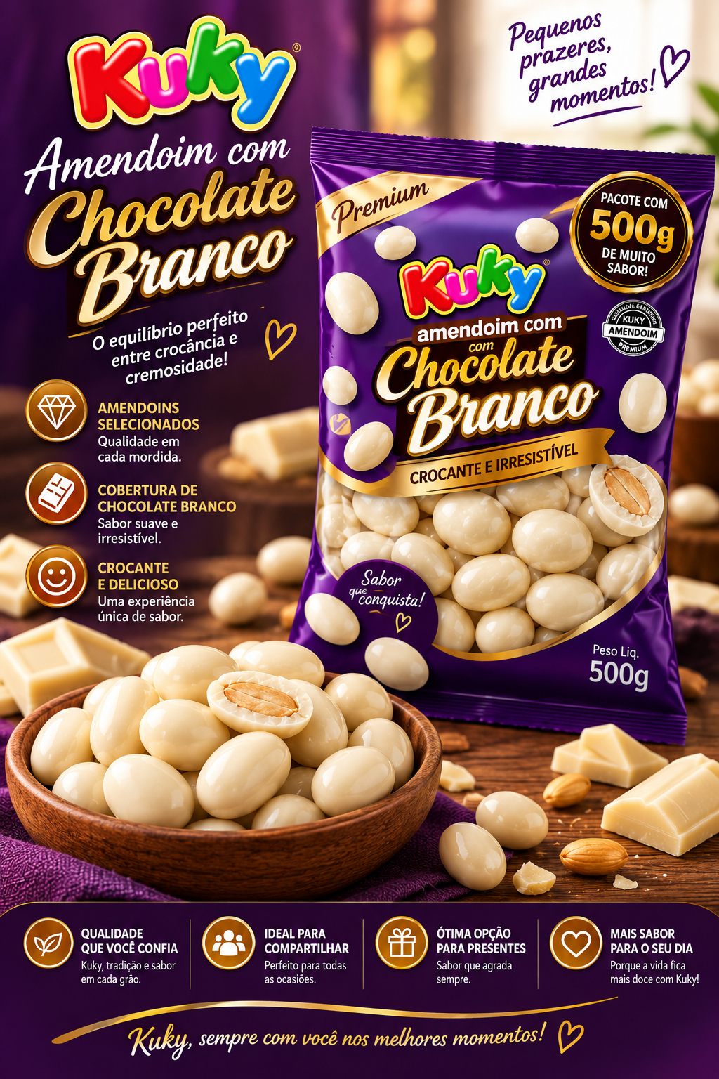Amendoim com Chocolate Branco Pacote com 500 Gramas