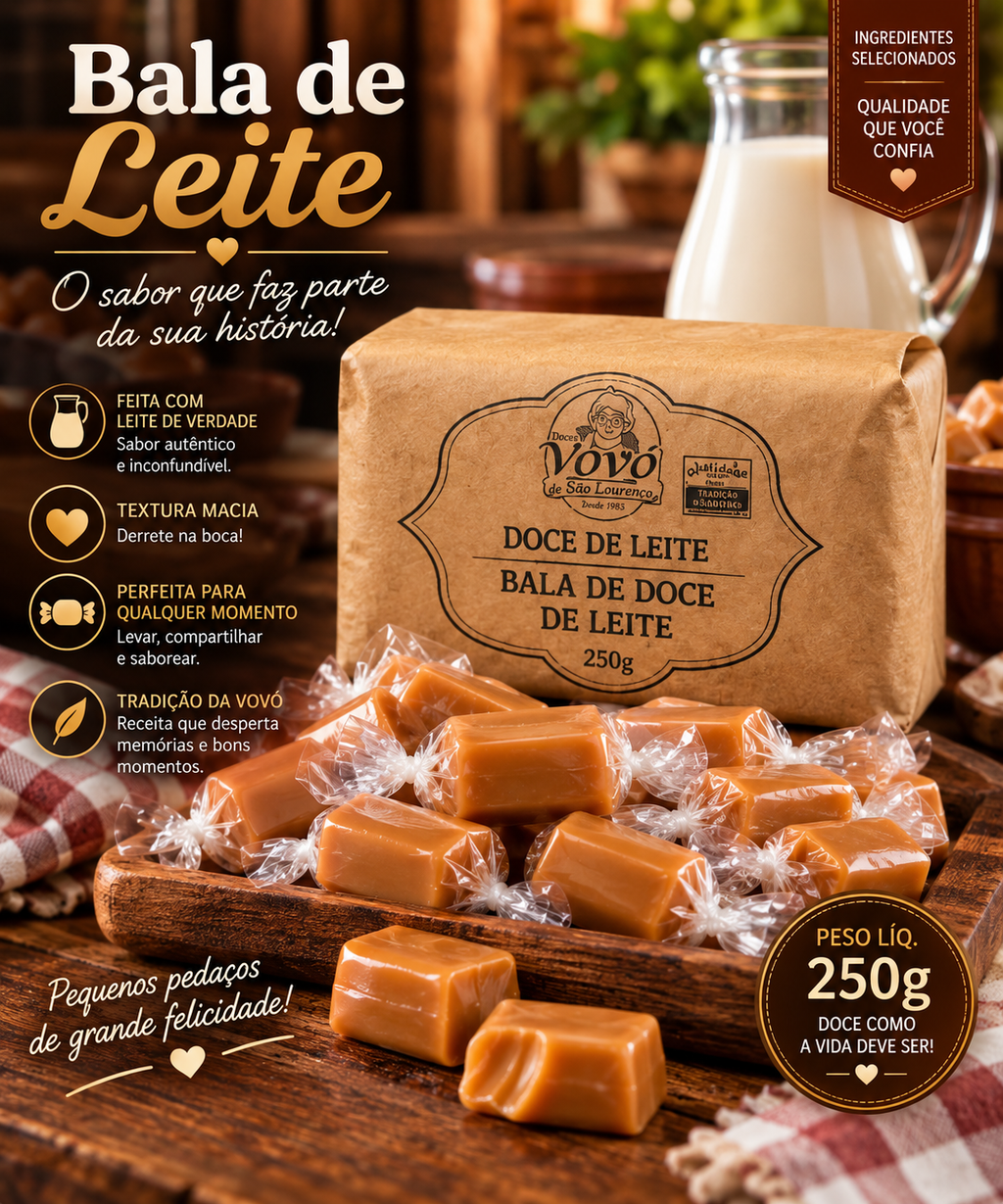 Kit de Três Pacote de Bala de Leite - Pacote com 250g - Total 750g