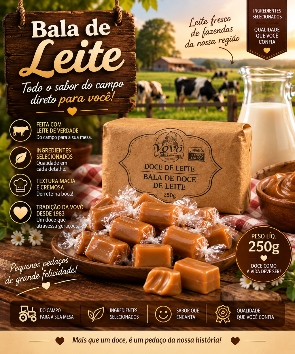 Kit de Três Pacote de Bala de Leite - Pacote com 250g - Total 750g