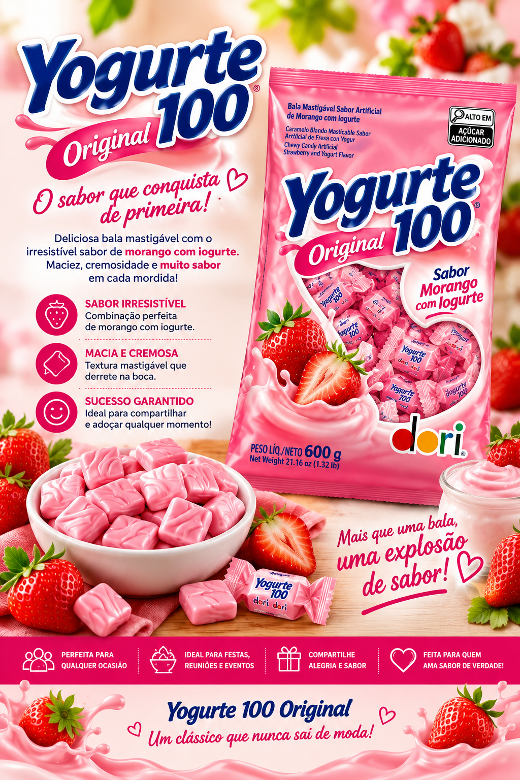 Kit 3 Pacotes Bala Mastigável Yogurte 100 Original Dori 1,8kg