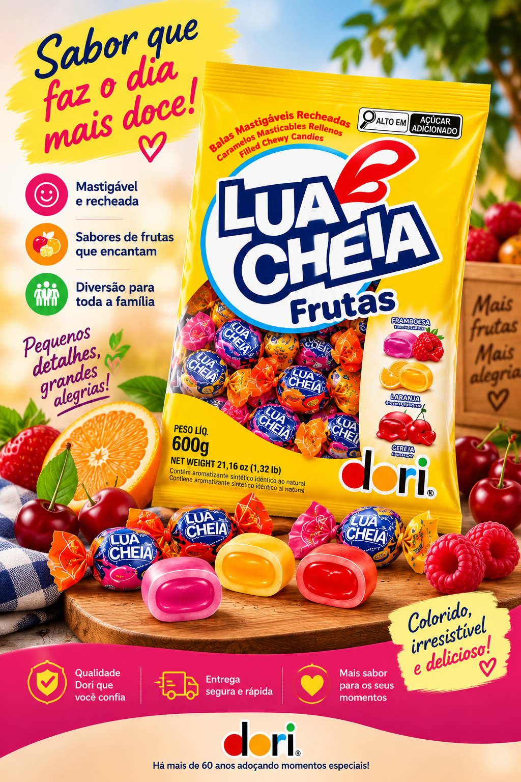 Bala Lua Cheia Sortidas Dori Pacote com 600g