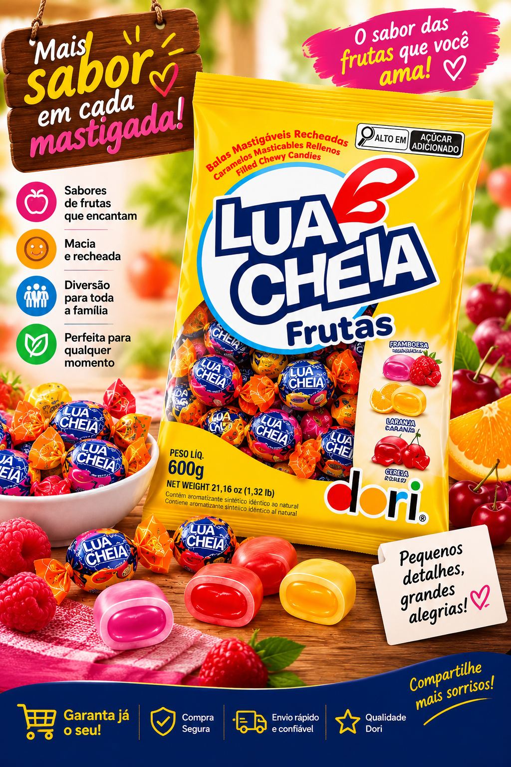 Kit 3 Pacotes de Bala Mastigável Lua Cheia Dori 1,8kg