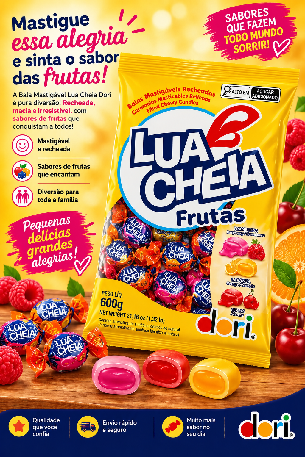 Kit 3 Pacotes de Bala Mastigável Lua Cheia Dori 1,8kg