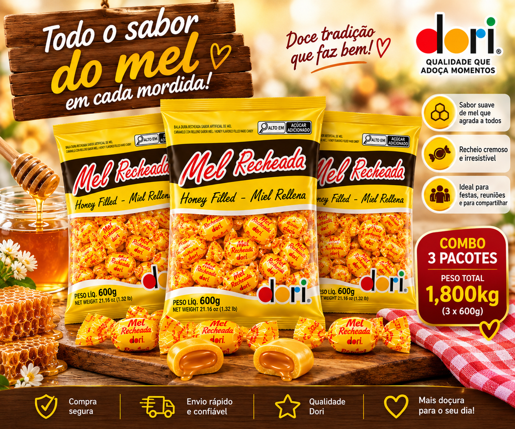 Combo 3 Pacotes Bala de Mel Recheada Dori 600g