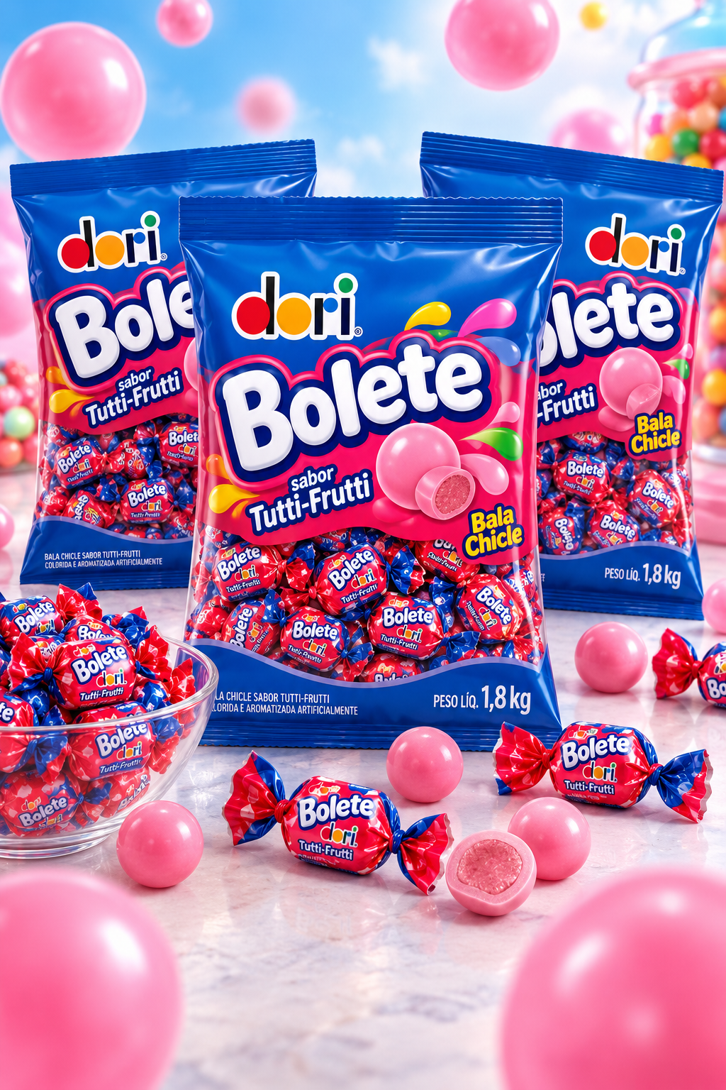 Kit 3 Pacotes Bala Chicle Bolete Dori 1,8kg Tutti-Frutti