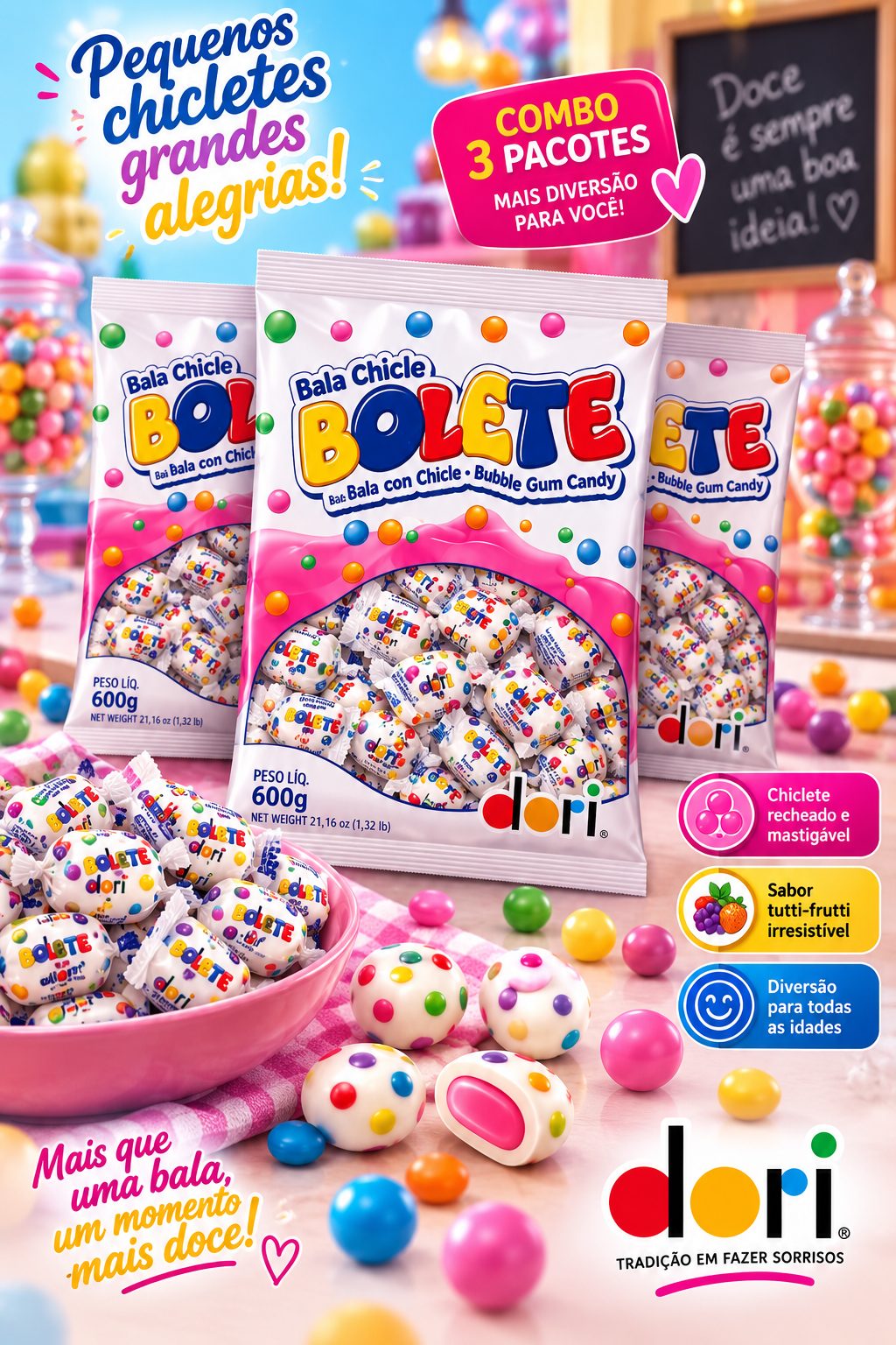 Kit 3 Pacotes Bala Chicle Bolete Dori 1,8kg Tutti-Frutti