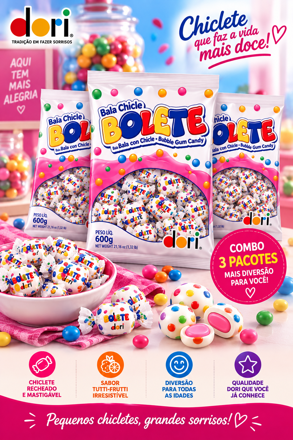 Kit 3 Pacotes Bala Chicle Bolete Dori 1,8kg Tutti-Frutti