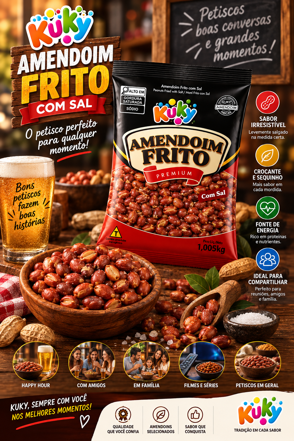 Amendoim Frito com pele com sal Kuky -  Pacote com 1Kg