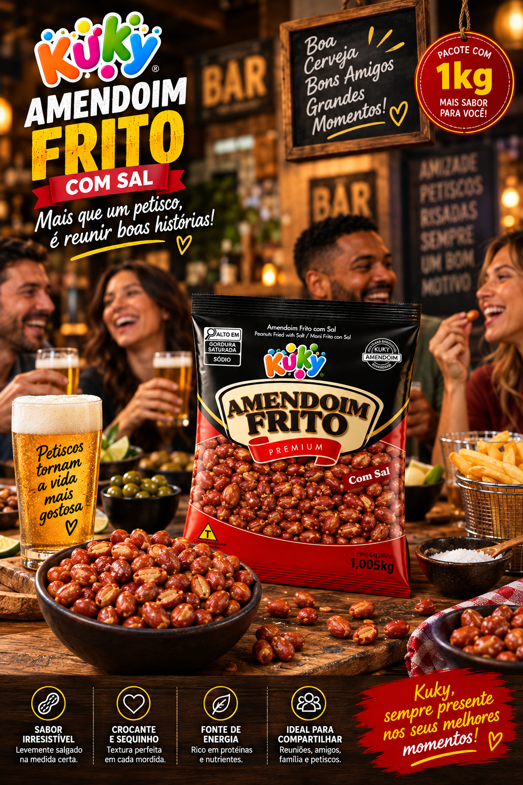 Amendoim Frito com pele com sal Kuky -  Pacote com 1Kg