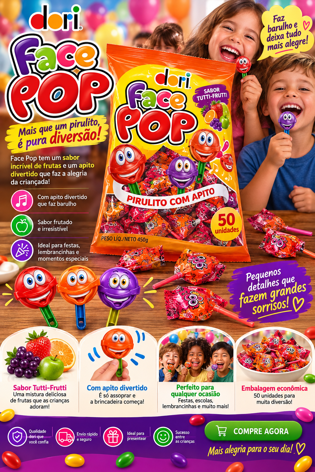 Pirulito Apito Face Pop Dori Pacote com 50 unidades