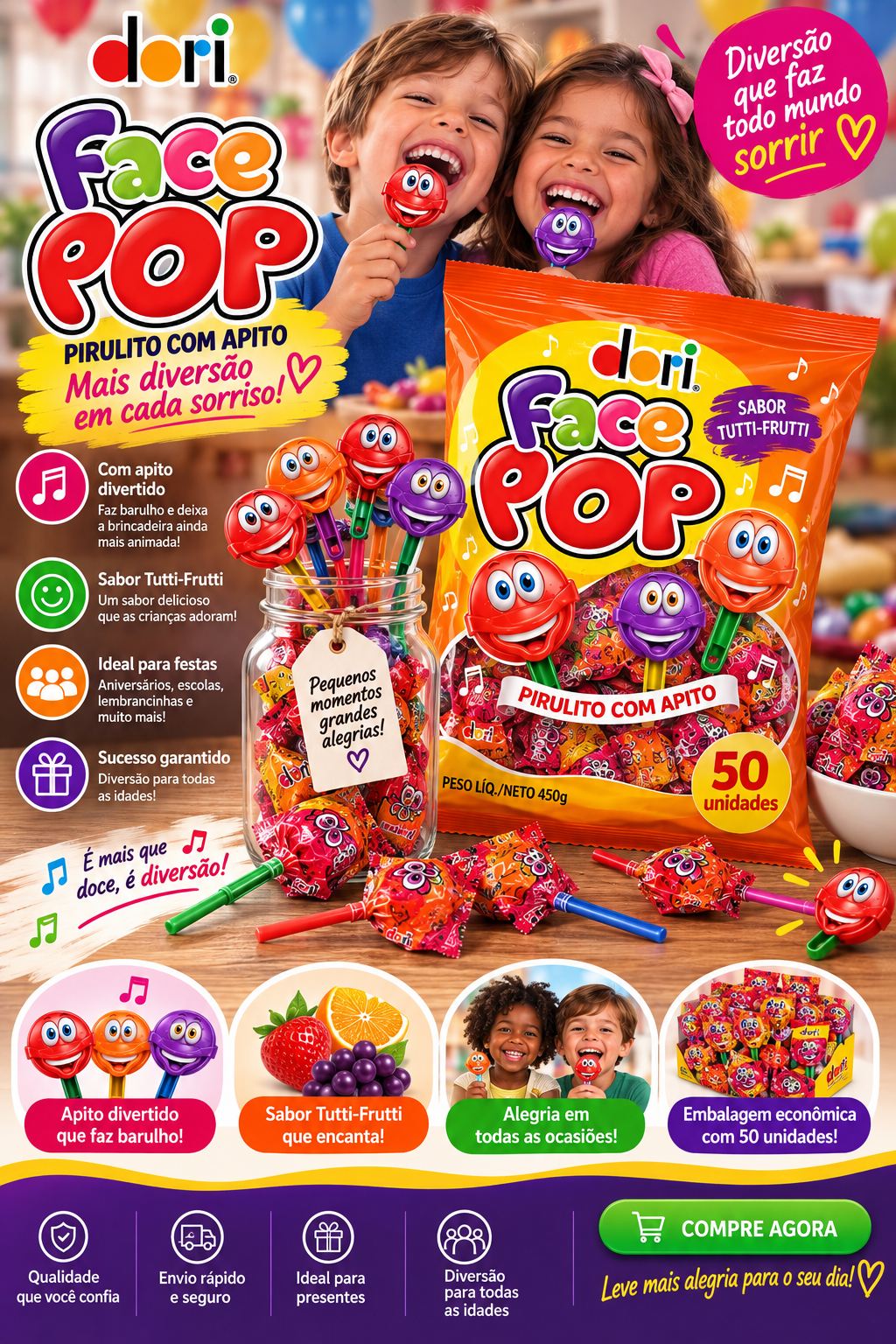 Pirulito Apito Face Pop Dori Pacote com 50 unidades