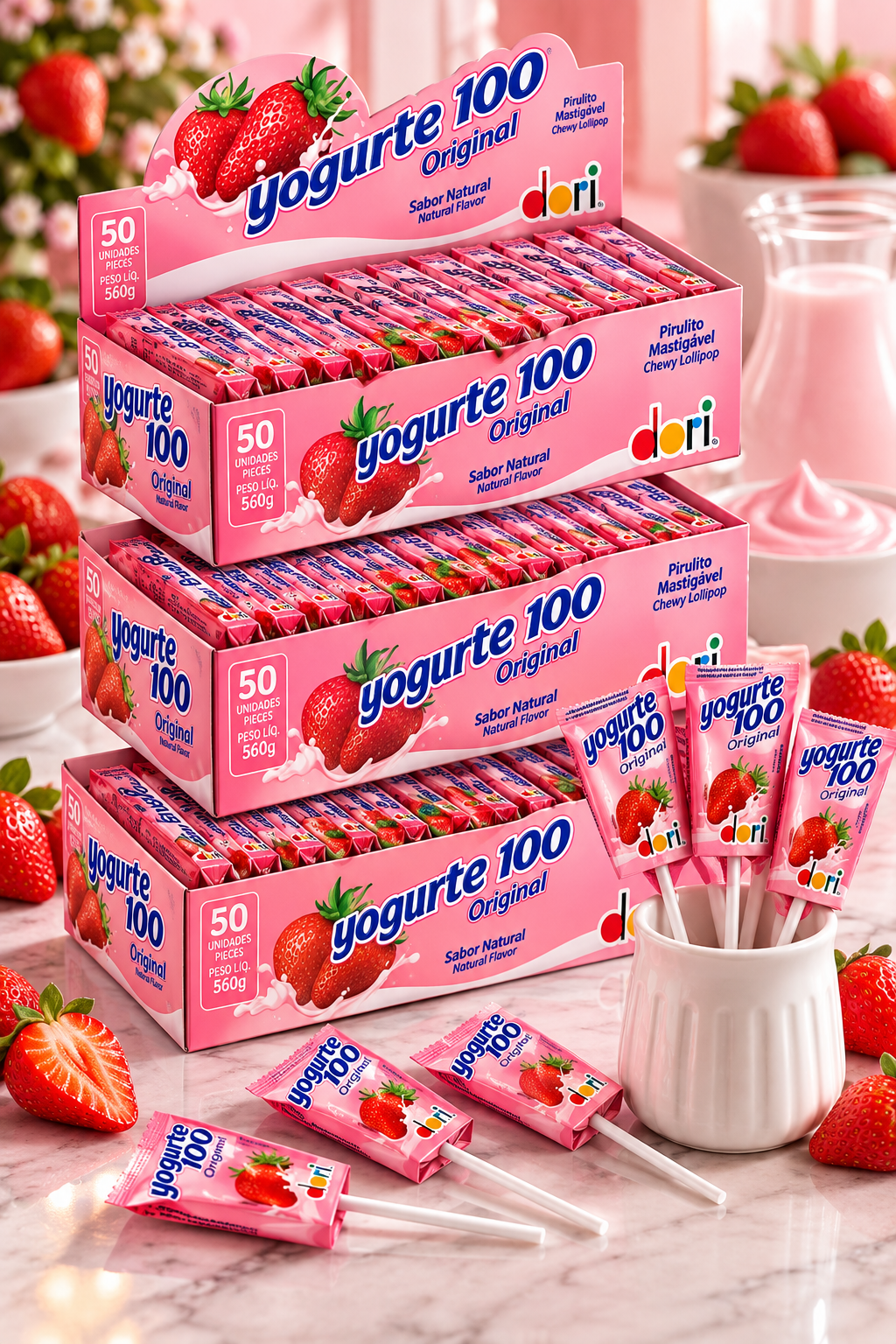 Combo 3 Caixas Pirulito Mastigável Yogurte 100 Dori 1,68kg