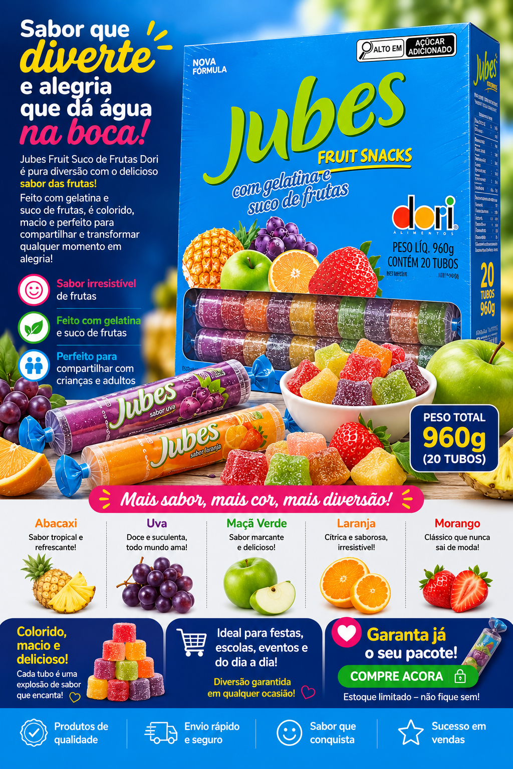 Jubes Fruit Suco de Frutas Dori Pacote com 20 tubos -  960g