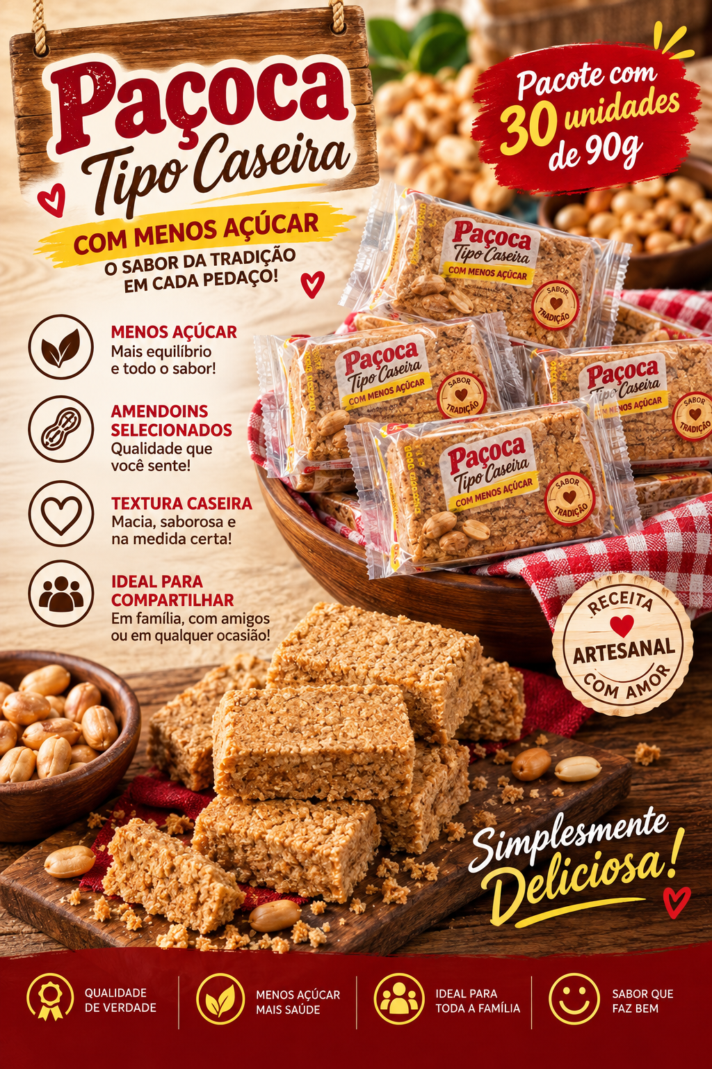 Paçoca Tipo Caseira com menos Açucar - Pacote com 30 unidades de 90g