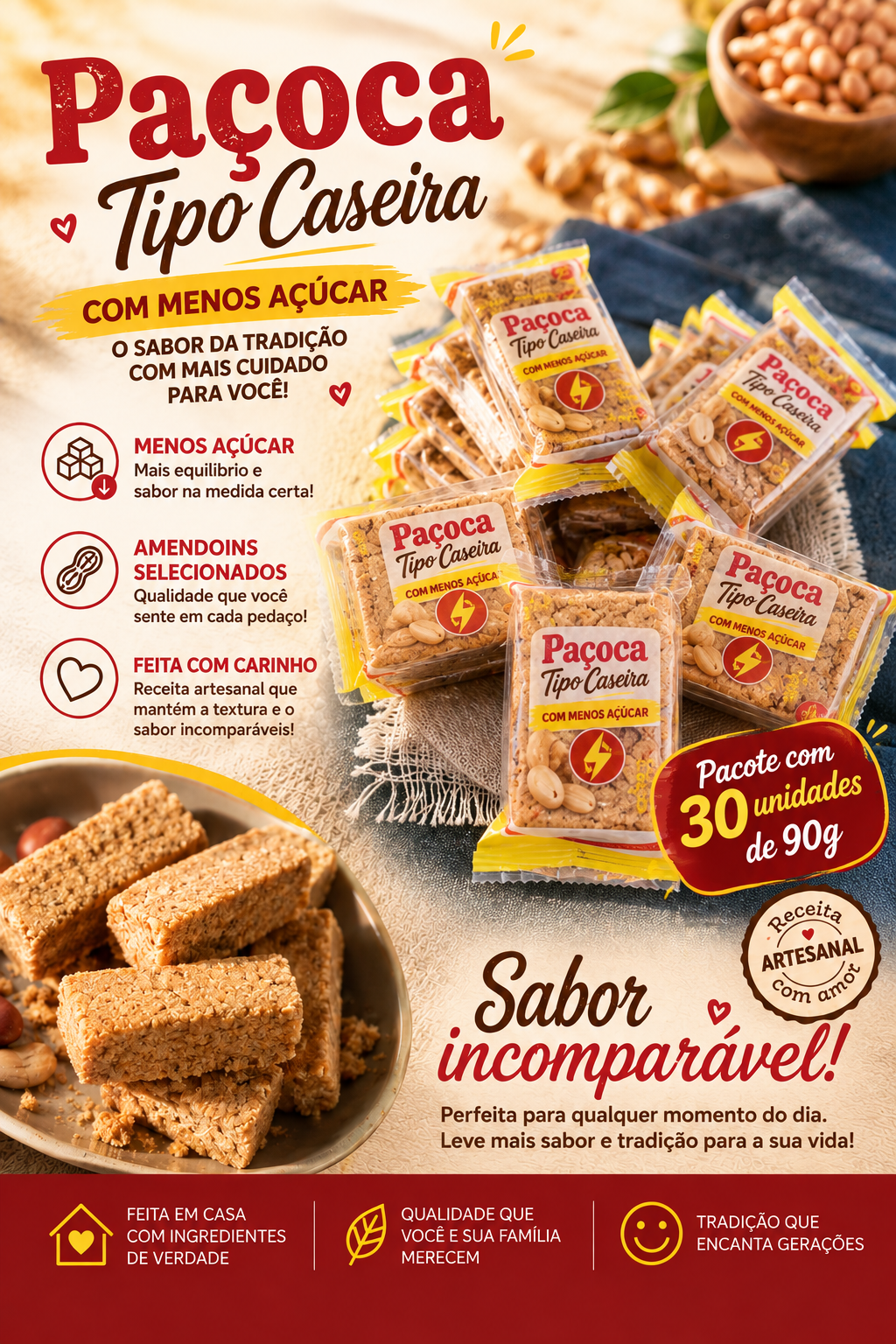 Paçoca Tipo Caseira com menos Açucar - Pacote com 30 unidades de 90g