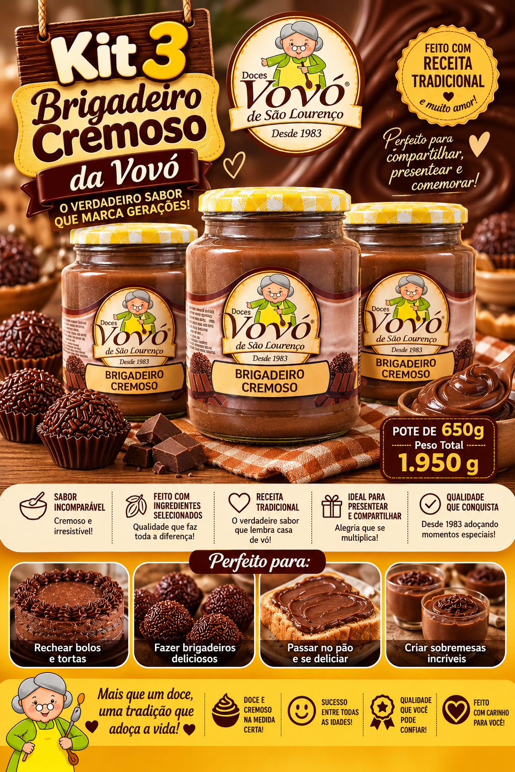 Kit 3 Brigadeiro Cremoso da Vovó - Pote de 650g - Peso Total 1.950 g