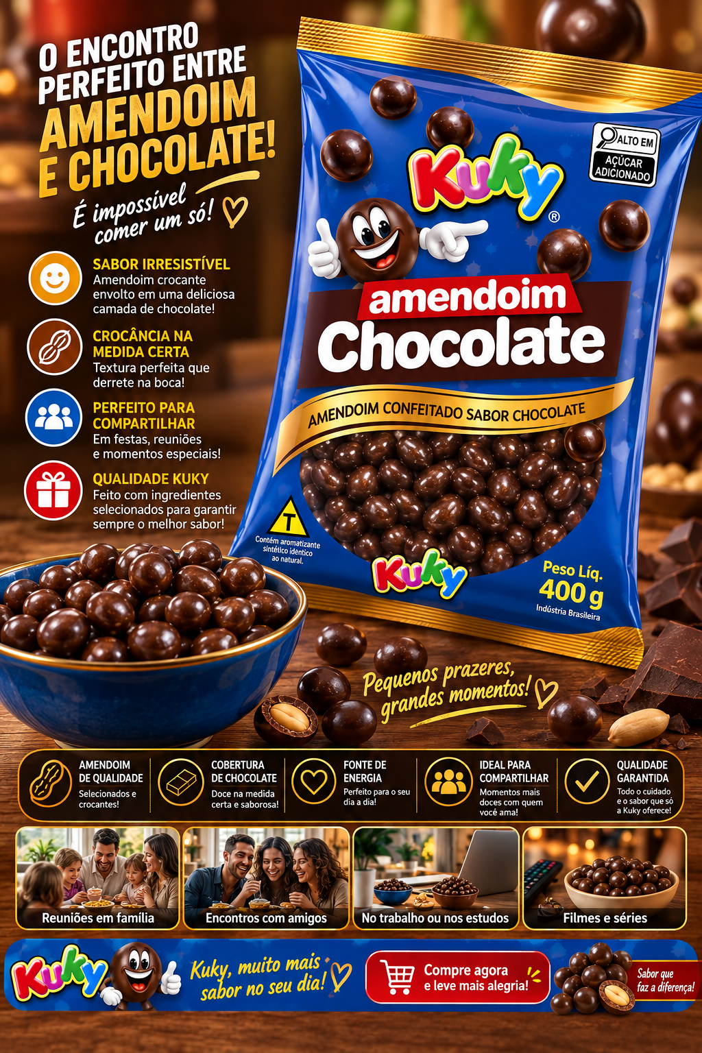 Amendoim Confeitado Chocolate Kuky Pacote com 400 gramas