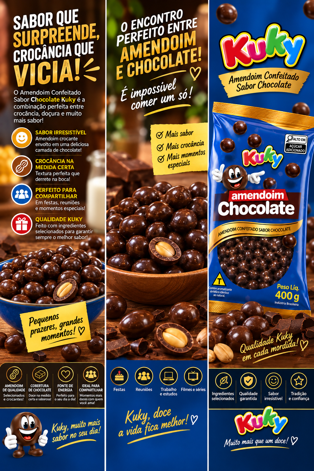 Amendoim Confeitado Chocolate Kuky Pacote com 400 gramas
