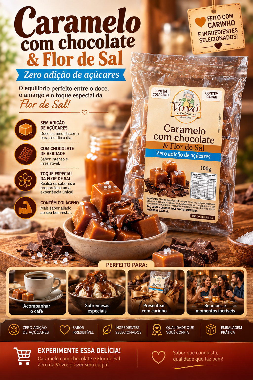 Caramelo com Chocolate e Flor de Sal Zero da Vovó - Pacote com 100 gramas