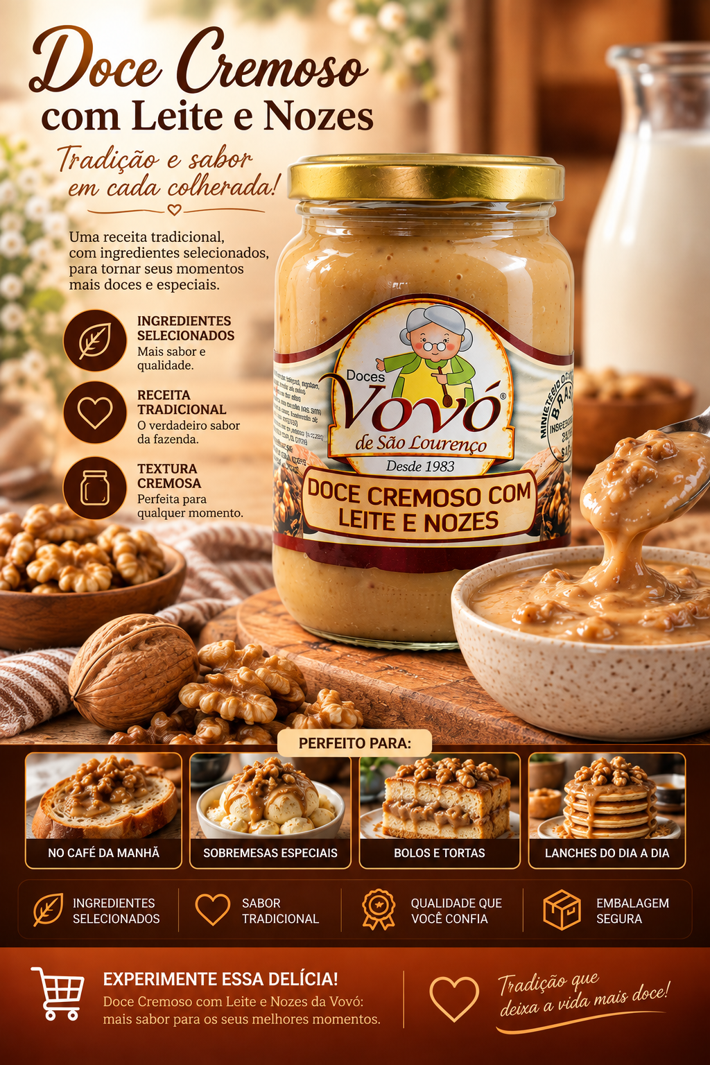 Doce de Leite Cremoso com Nozes Pote com 650 gramas