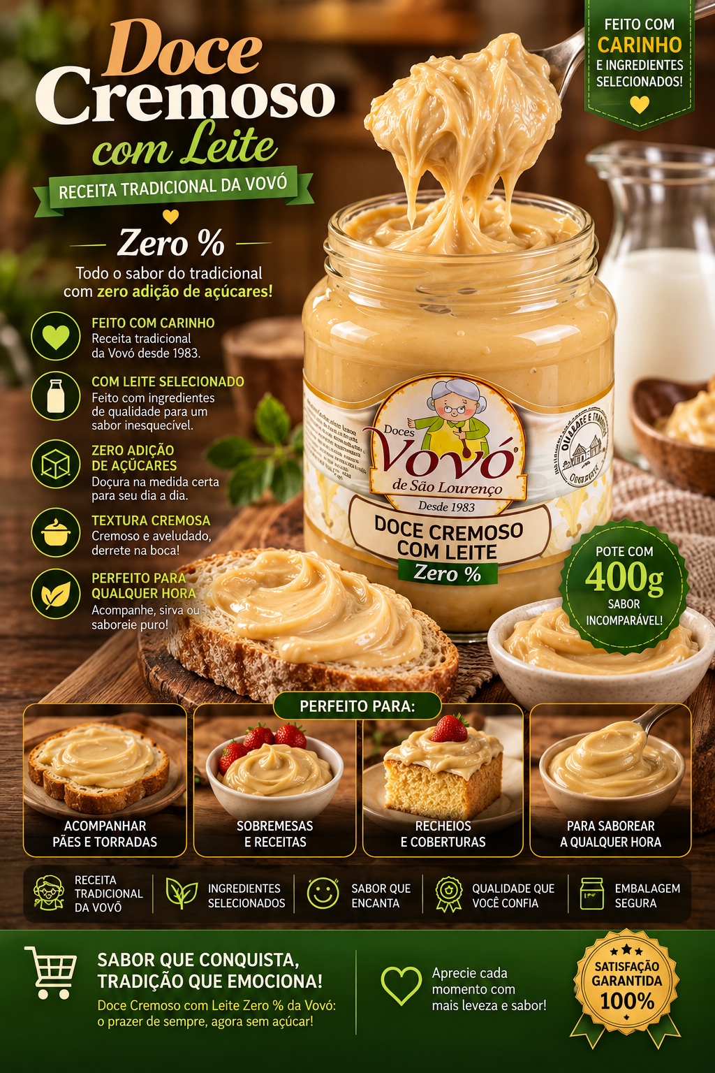 Doce Cremoso com Leite Zero % Pote com 400 gramas