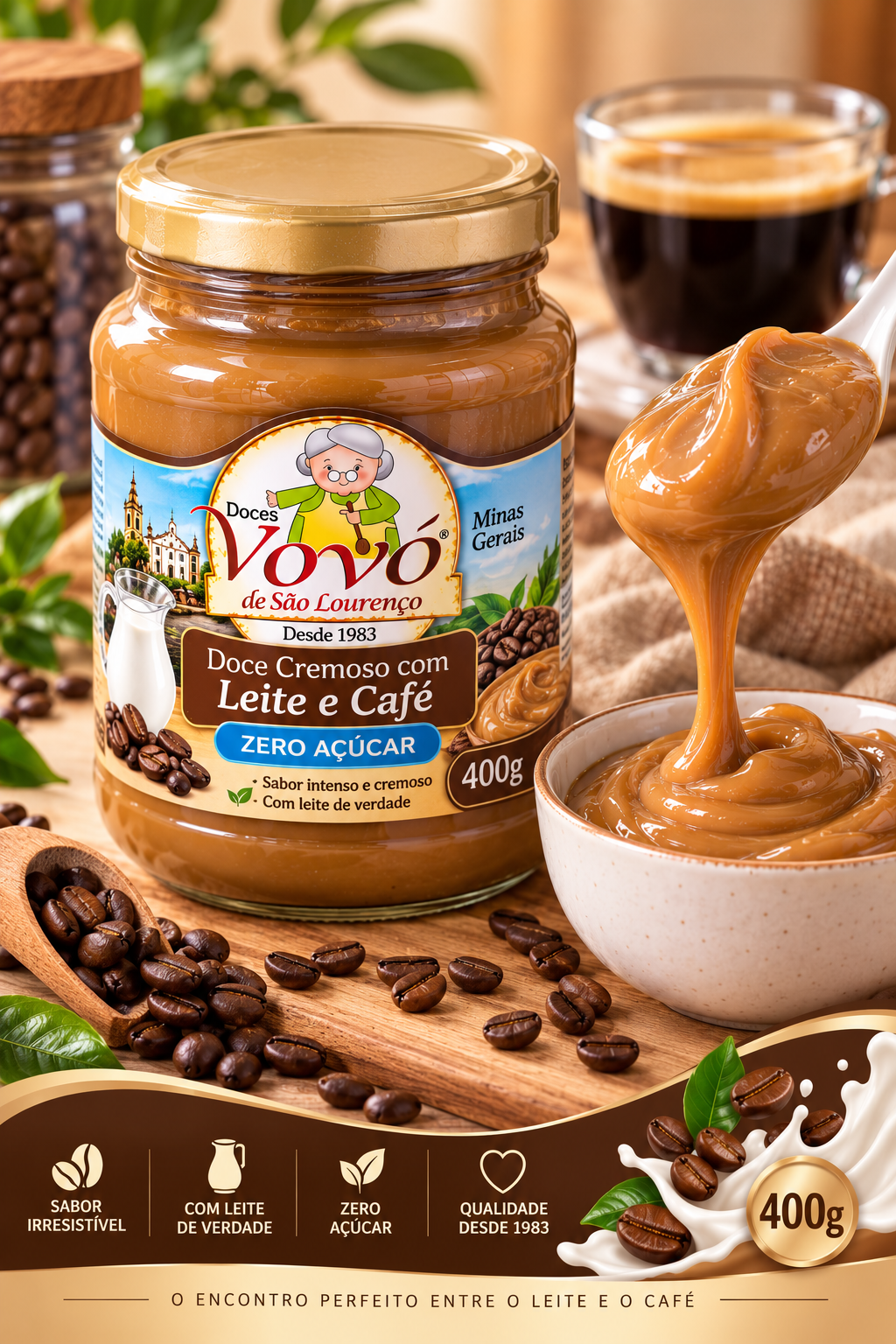 Doce cremoso com Leite e Café da Vovó Zero % Pote com 400 gramas