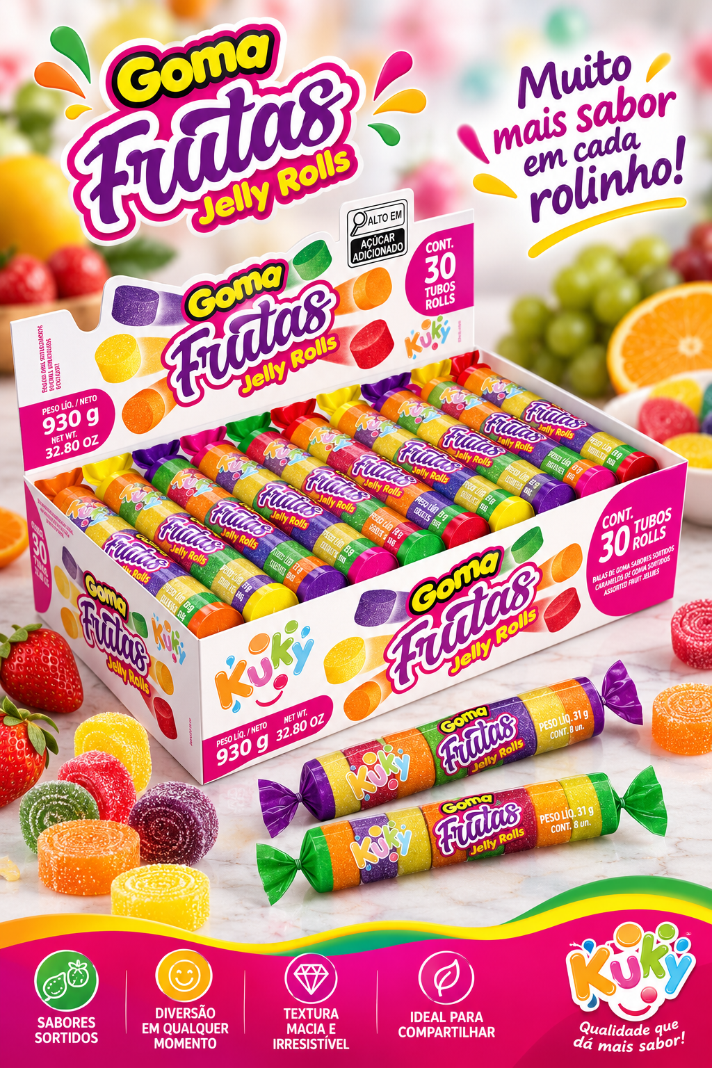 Goma Tubo Gurt Kuky Display com 30 unidades com 930 gramas