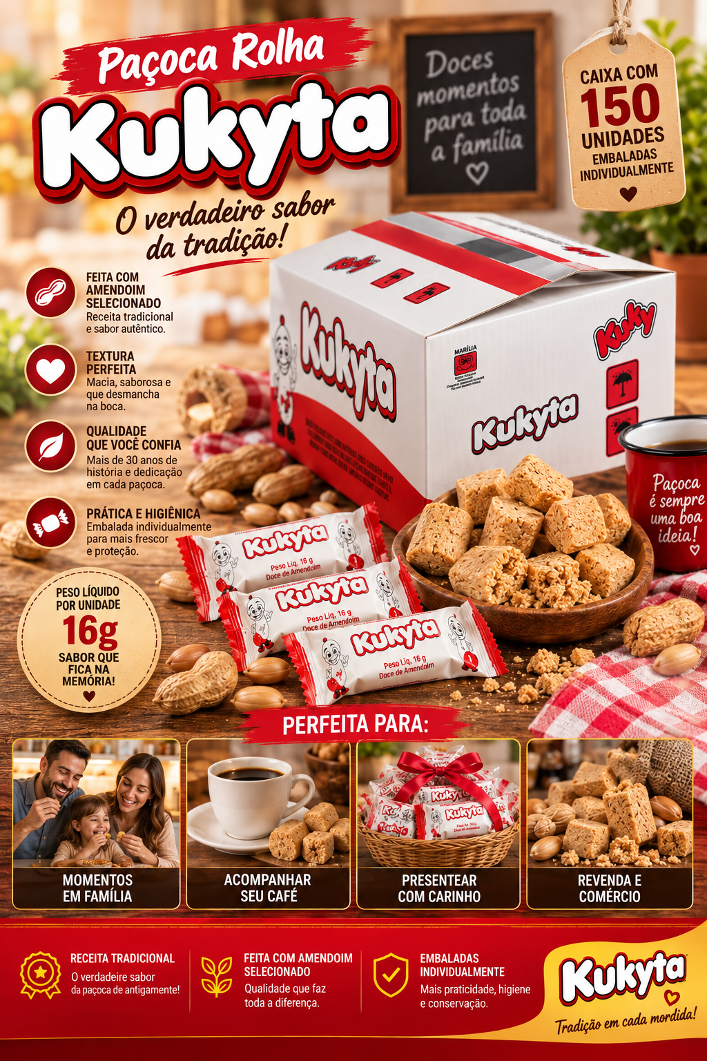 Paçoca Rolha Kukyta Caixa com 150 unidades de 16 gr