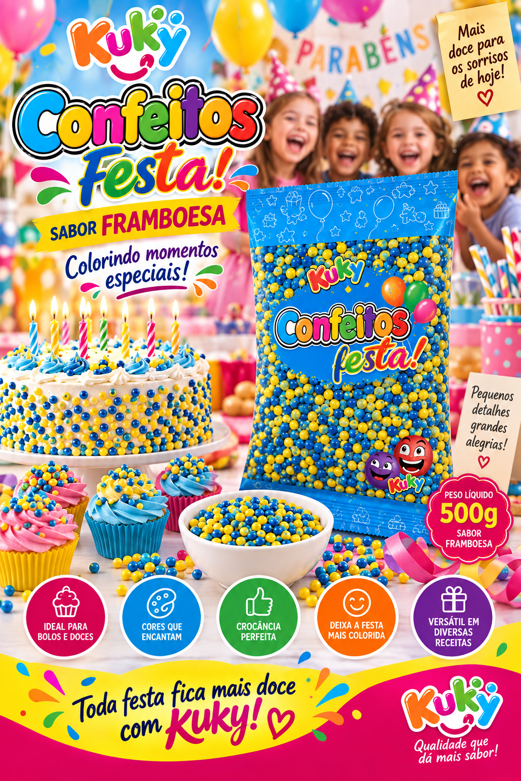 Confeitos Festas Kuk  Sabor Framboesa - Pacote com 500 gramas