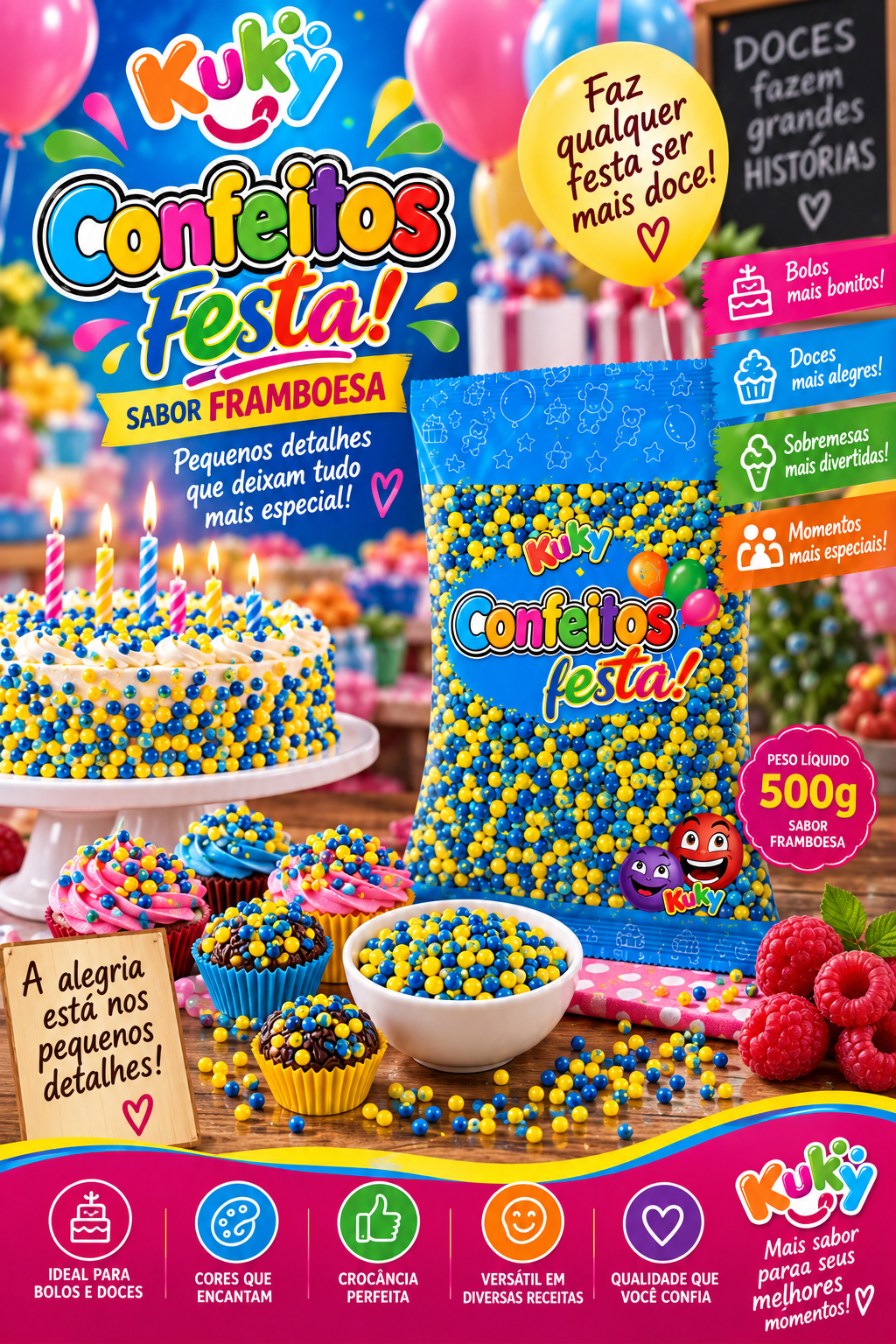 Confeitos Festas Kuk  Sabor Framboesa - Pacote com 500 gramas