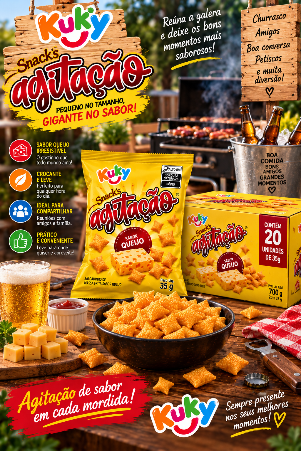 Salgadinho agitação queijo pacote com 35 gramas e caixa com 20 unidades