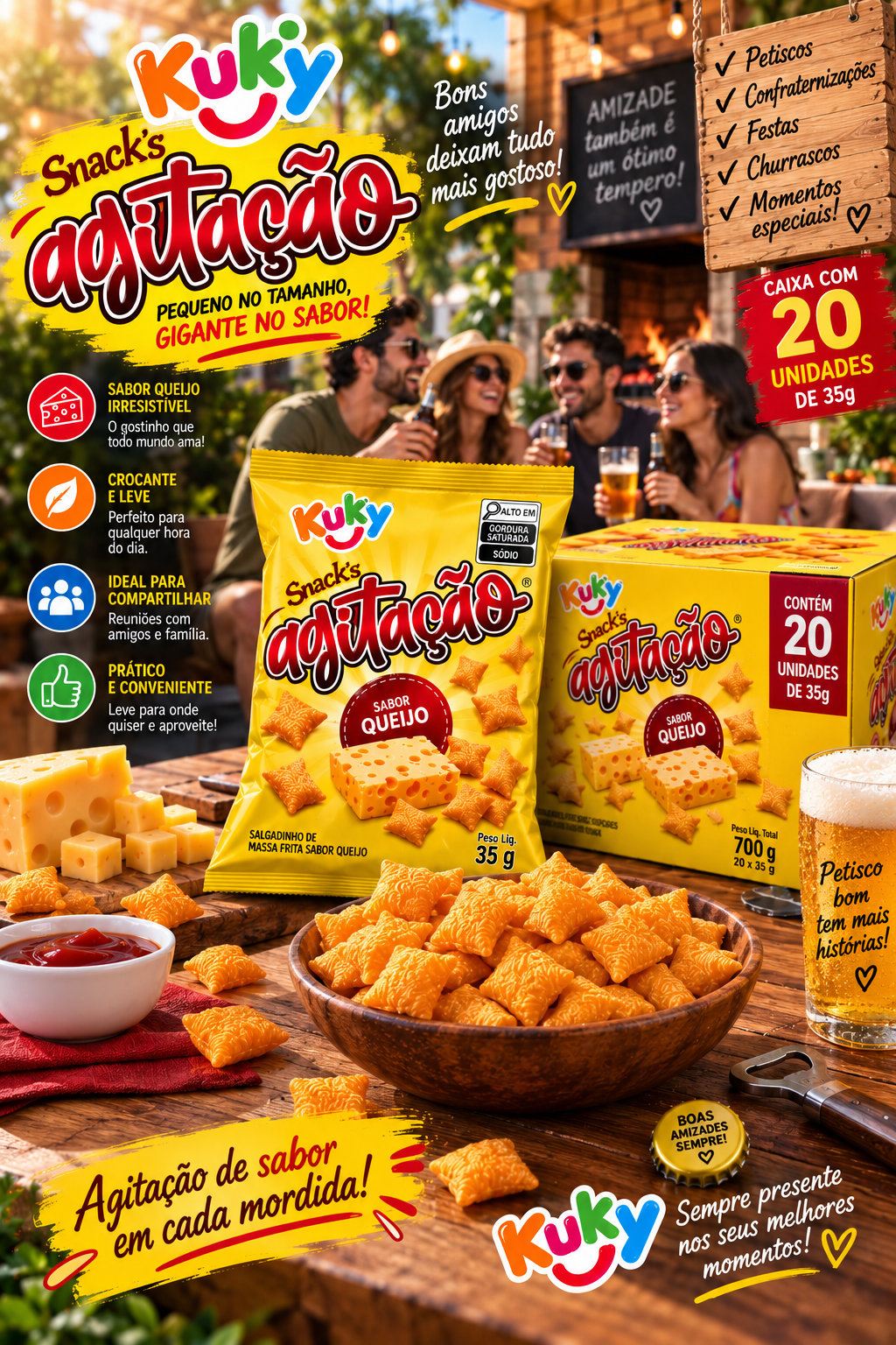 Salgadinho agitação queijo pacote com 35 gramas e caixa com 20 unidades