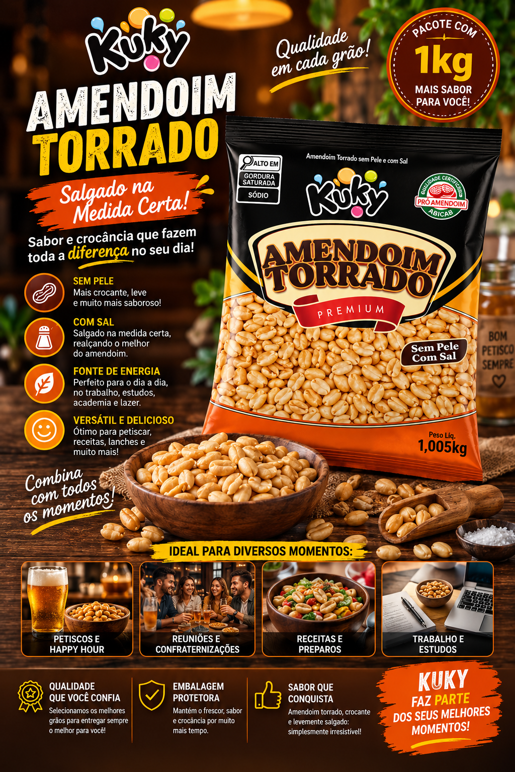 Amendoim Torrado Salgado sem Pele com Sal Kuky - Pacote com 1 Kg