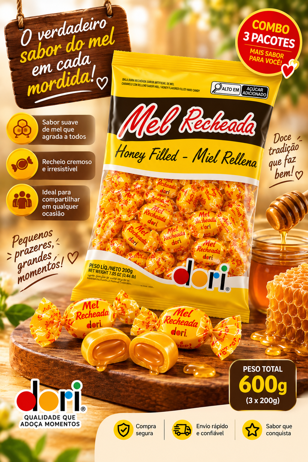 Combo 3 Pacotes Bala de Mel Recheada Dori 600g