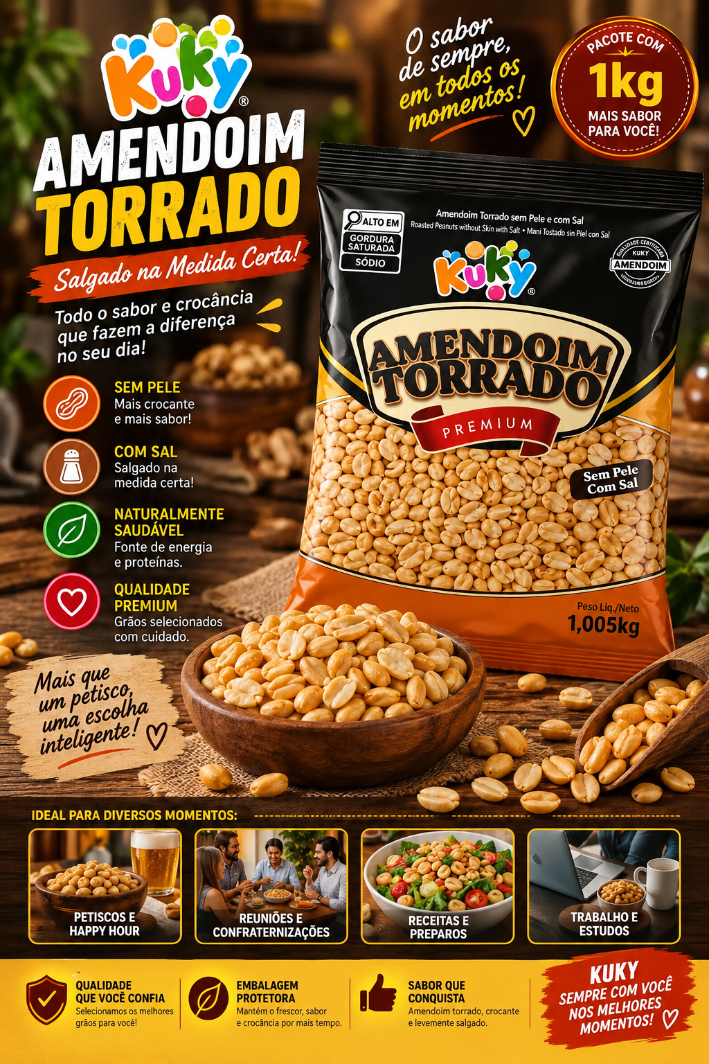 Amendoim Torrado sem Pele sem Sal Kuky - Pacote com 1Kg