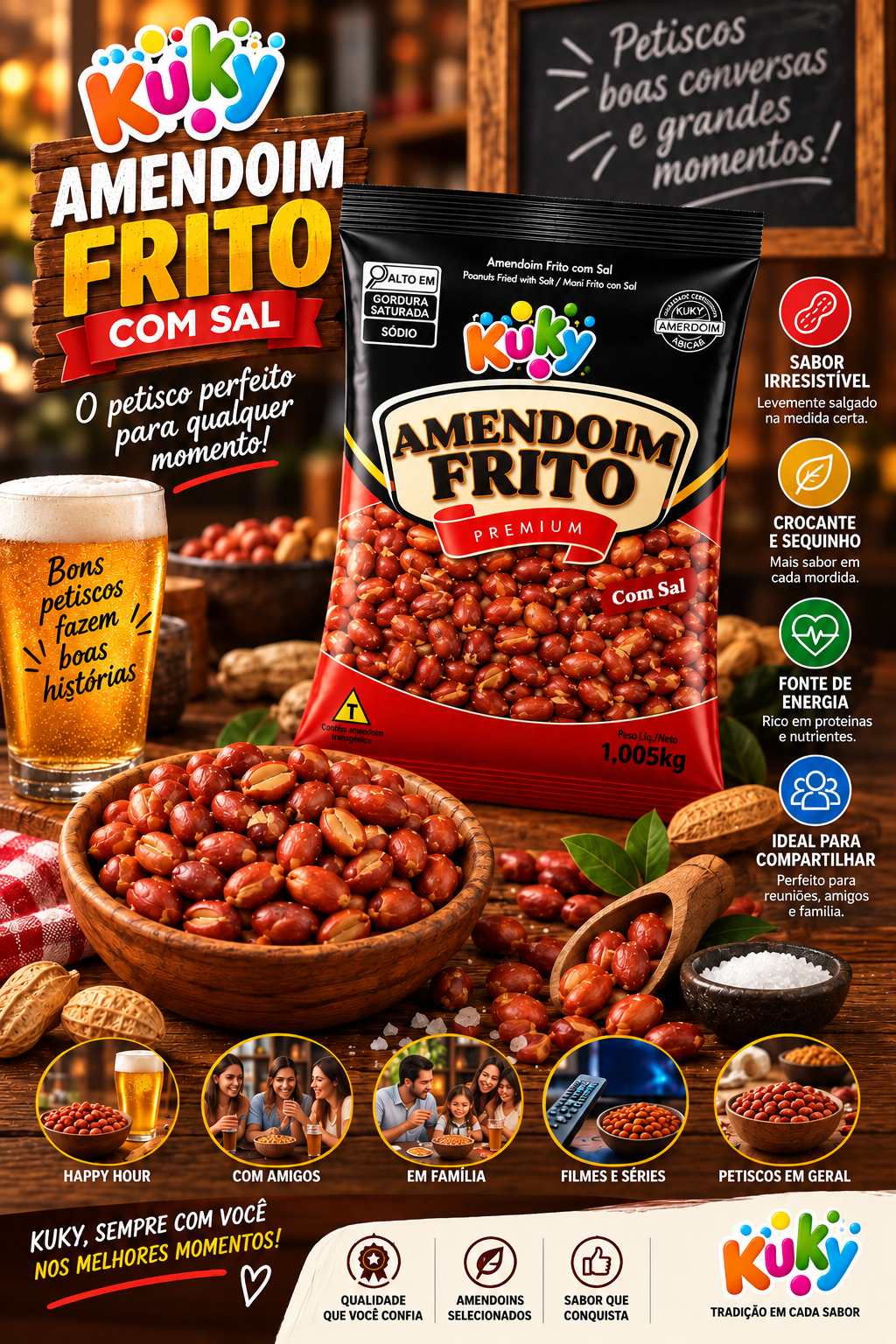 Amendoim Frito com pele com sal Kuky -  Pacote com 1Kg