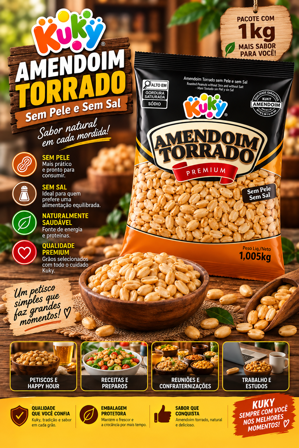 Amendoim Torrado sem Pele sem Sal Kuky - Pacote com 1Kg