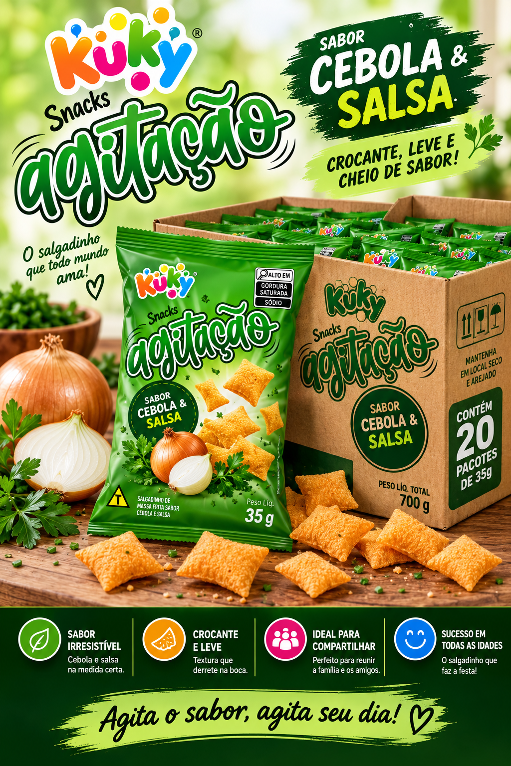 Salgadinho Agitação Sabor Cebola e Salsa Pacote com 35 gramas caixa com 20 pacotes