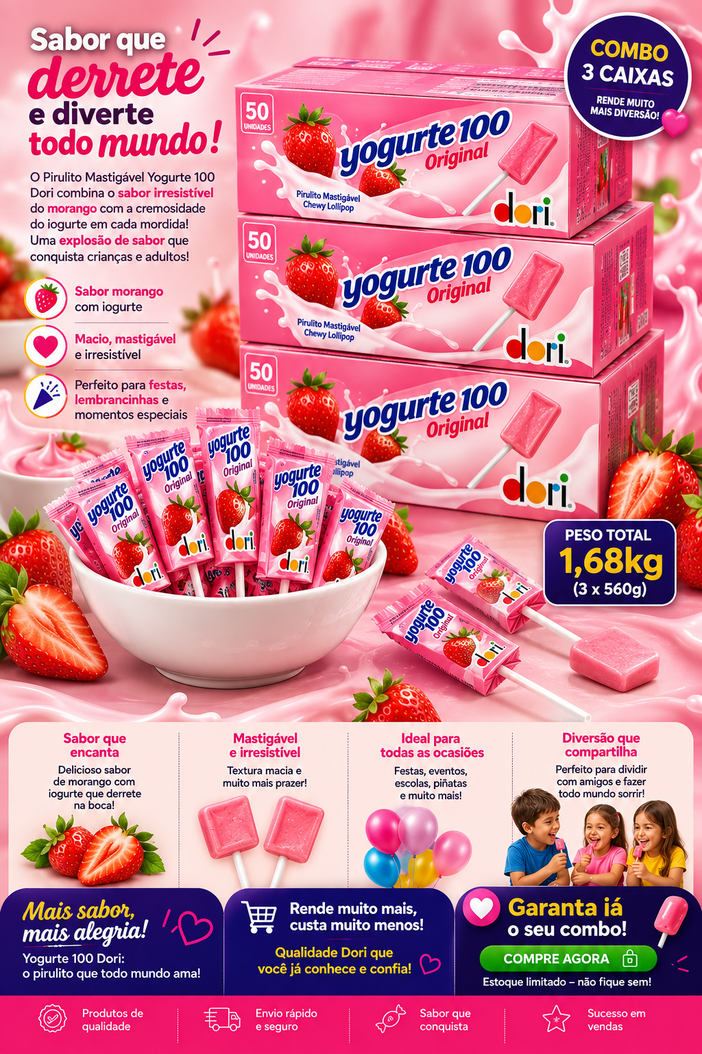Combo 3 Caixas Pirulito Mastigável Yogurte 100 Dori 1,68kg