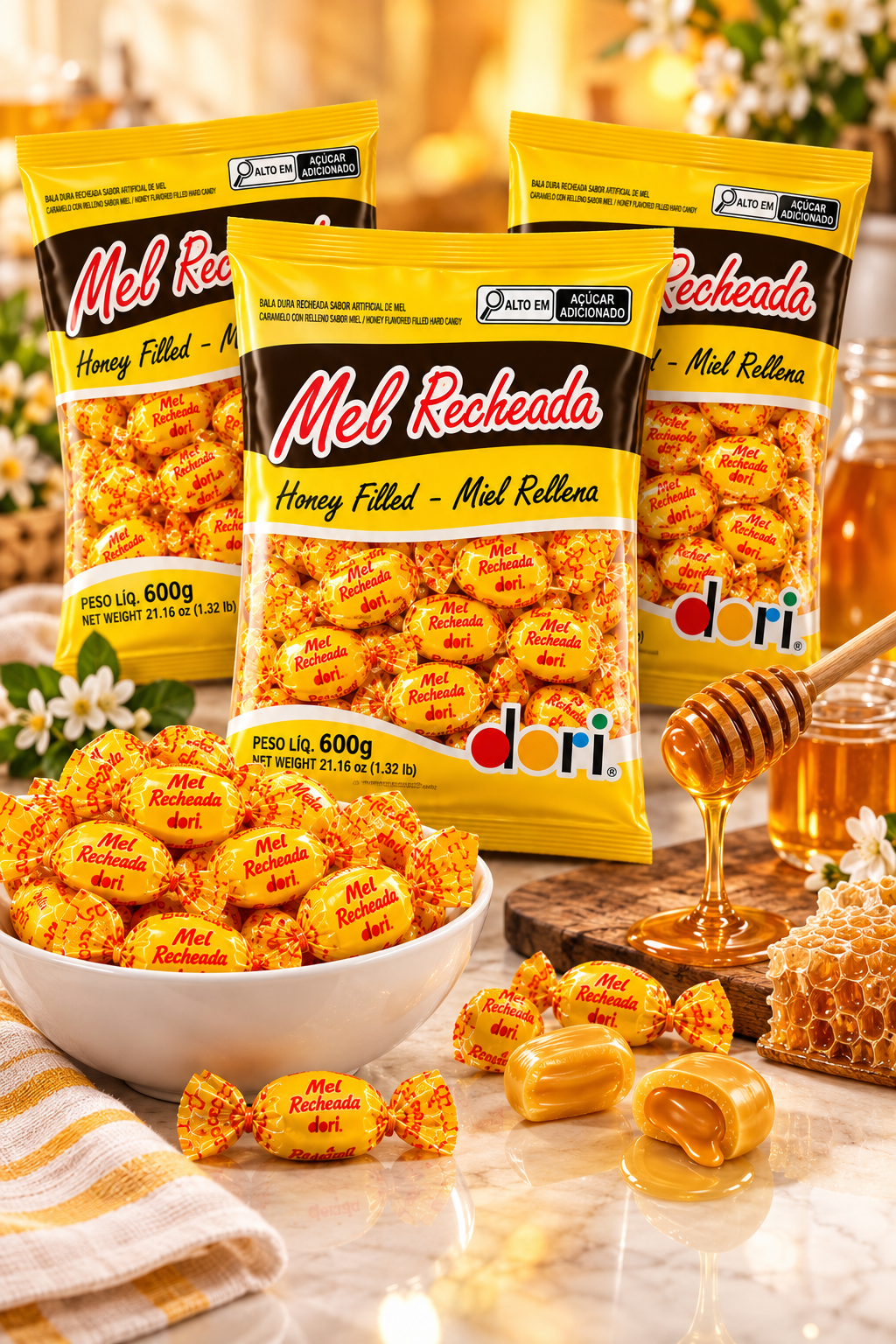 Combo 3 Pacotes Bala de Mel Recheada Dori 600g