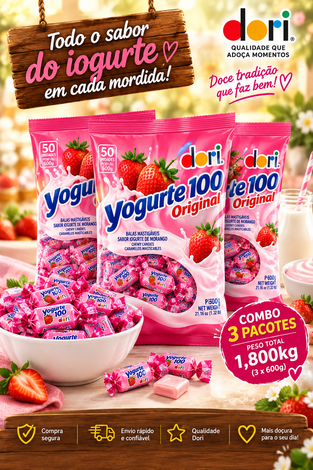 Kit 3 Pacotes Bala Mastigável Yogurte 100 Original Dori 1,8kg