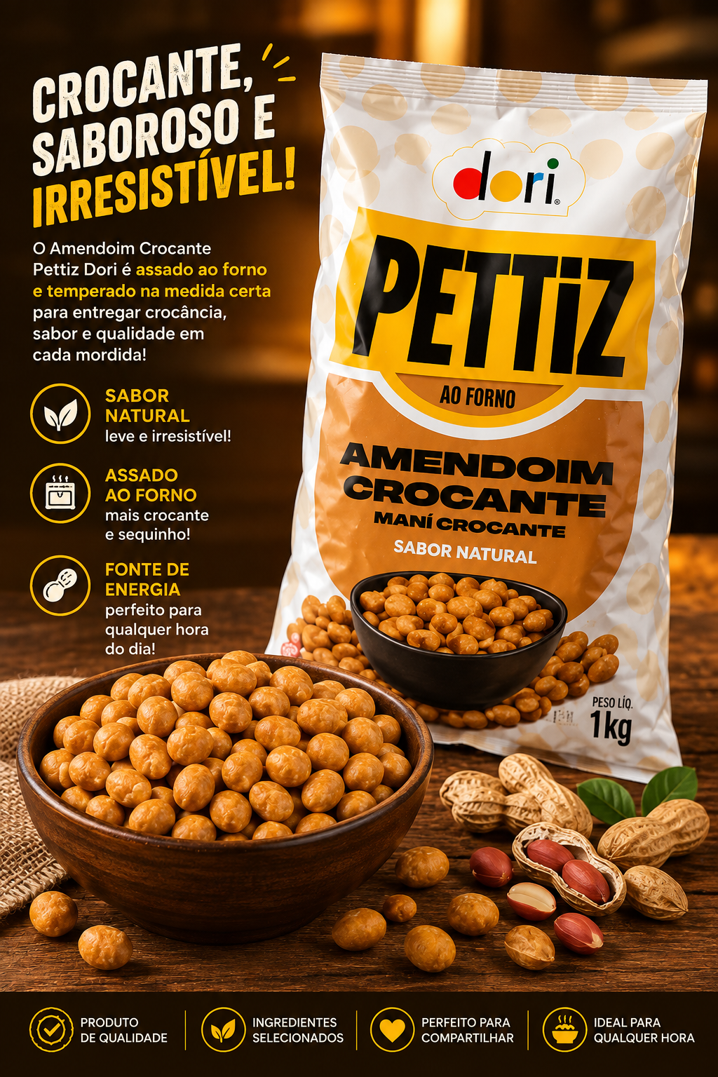 Amendoim Crocante Sabor Natural Pettiz Dori Pacote com 1 Kg