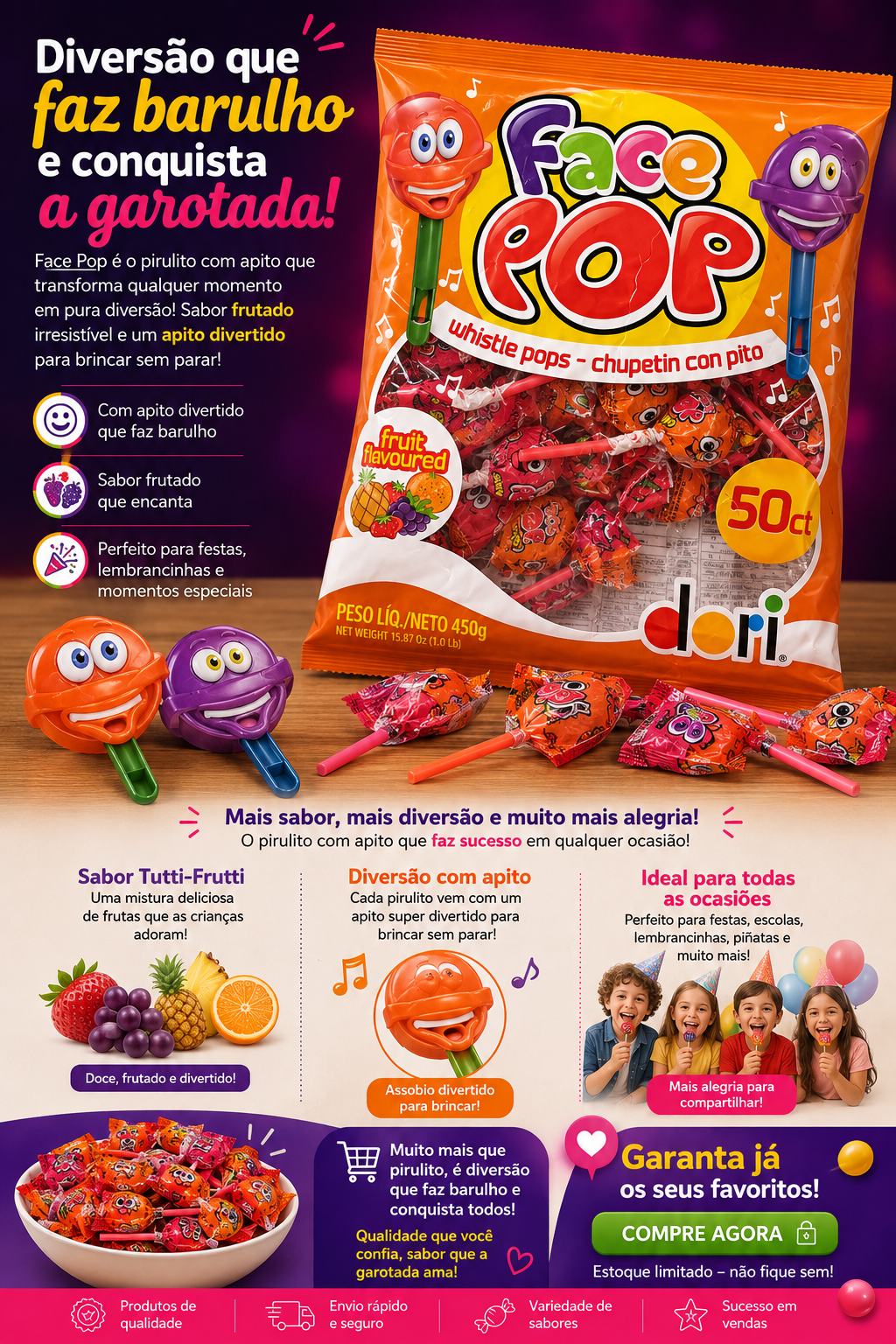 Pirulito Apito Face Pop Dori Pacote com 50 unidades