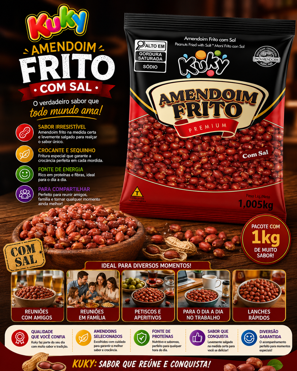 Amendoim Frito com pele com sal Kuky -  Pacote com 1Kg