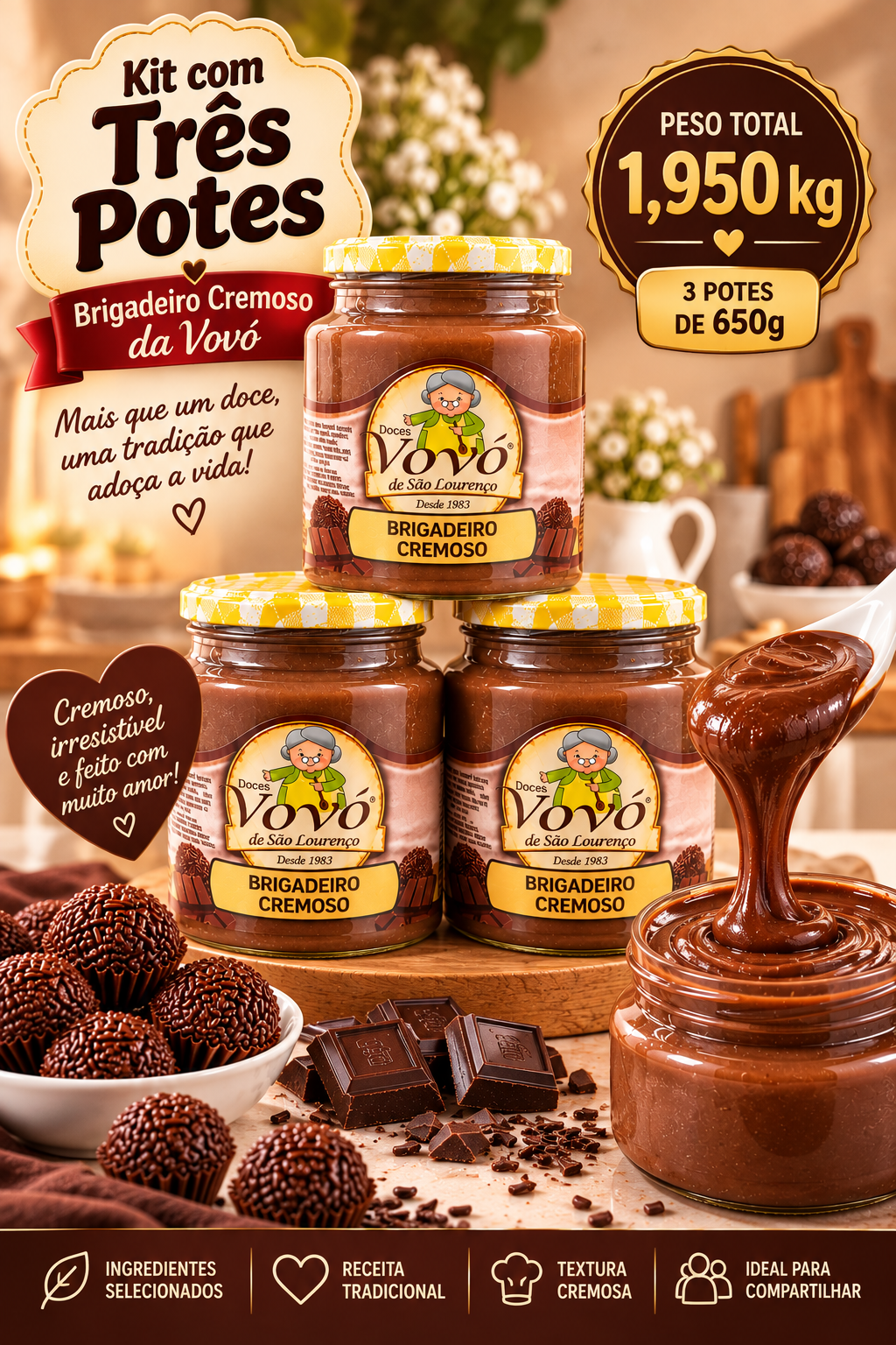 Kit 3 Brigadeiro Cremoso da Vovó - Pote de 650g - Peso Total 1.950 g