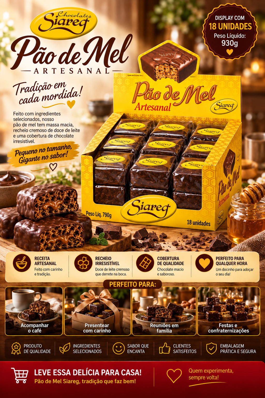 Pão de Mel ARTESANAL Display com 18 unidades com 930 gramas