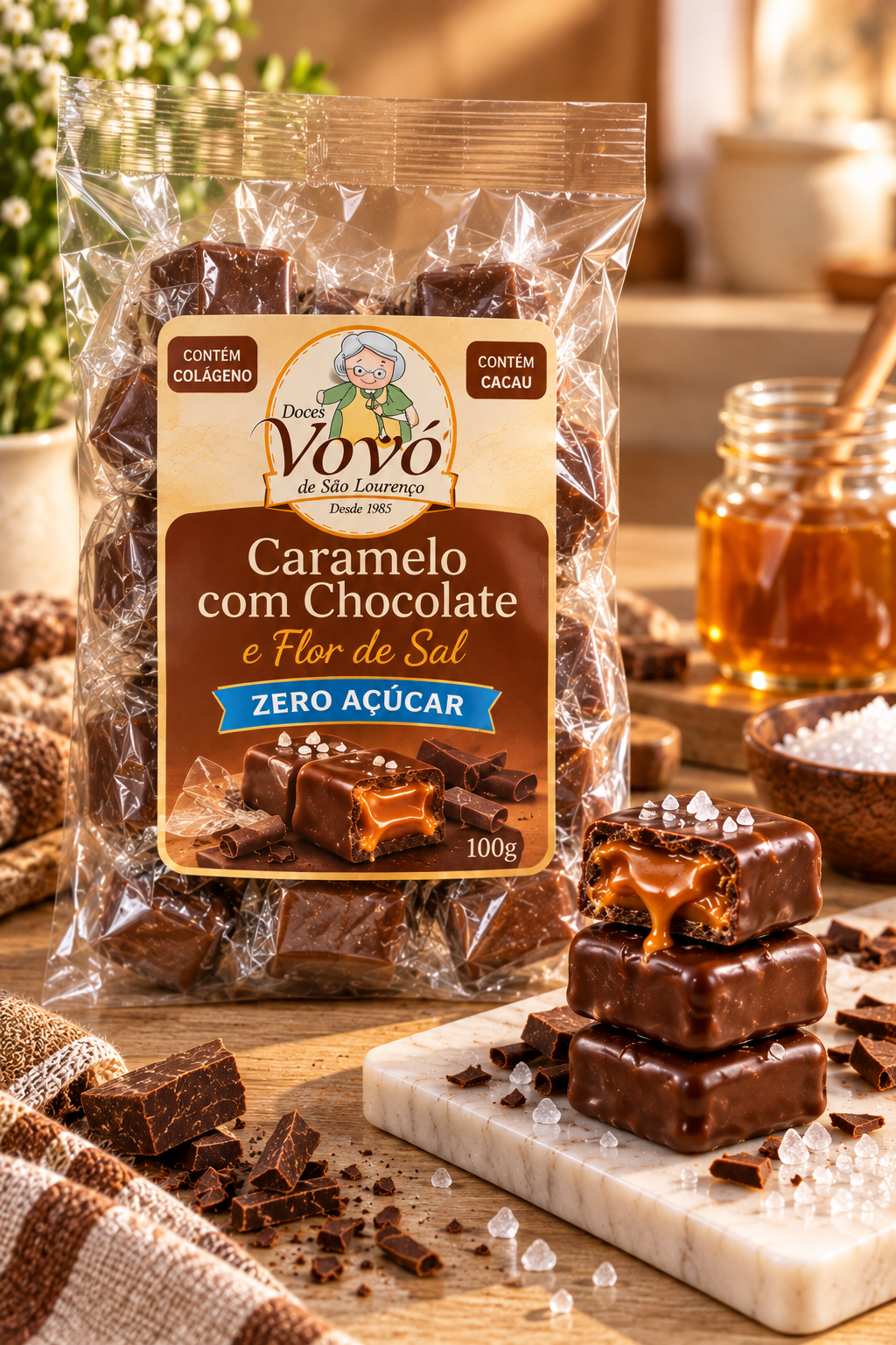 Caramelo com Chocolate e Flor de Sal Zero da Vovó - Pacote com 100 gramas