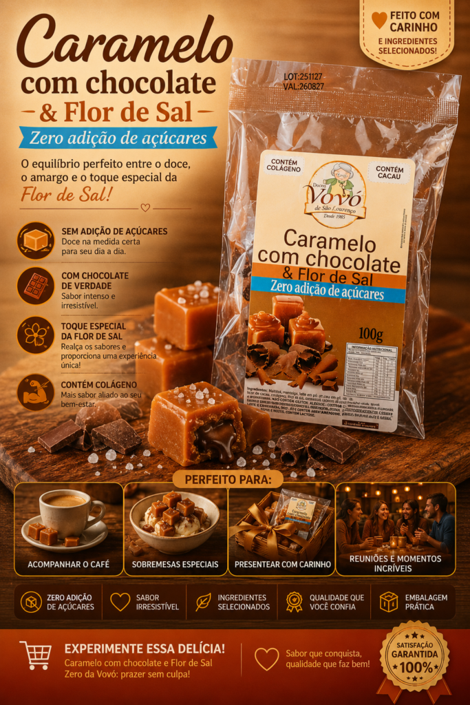 Caramelo com Chocolate e Flor de Sal Zero da Vovó - Pacote com 100 gramas