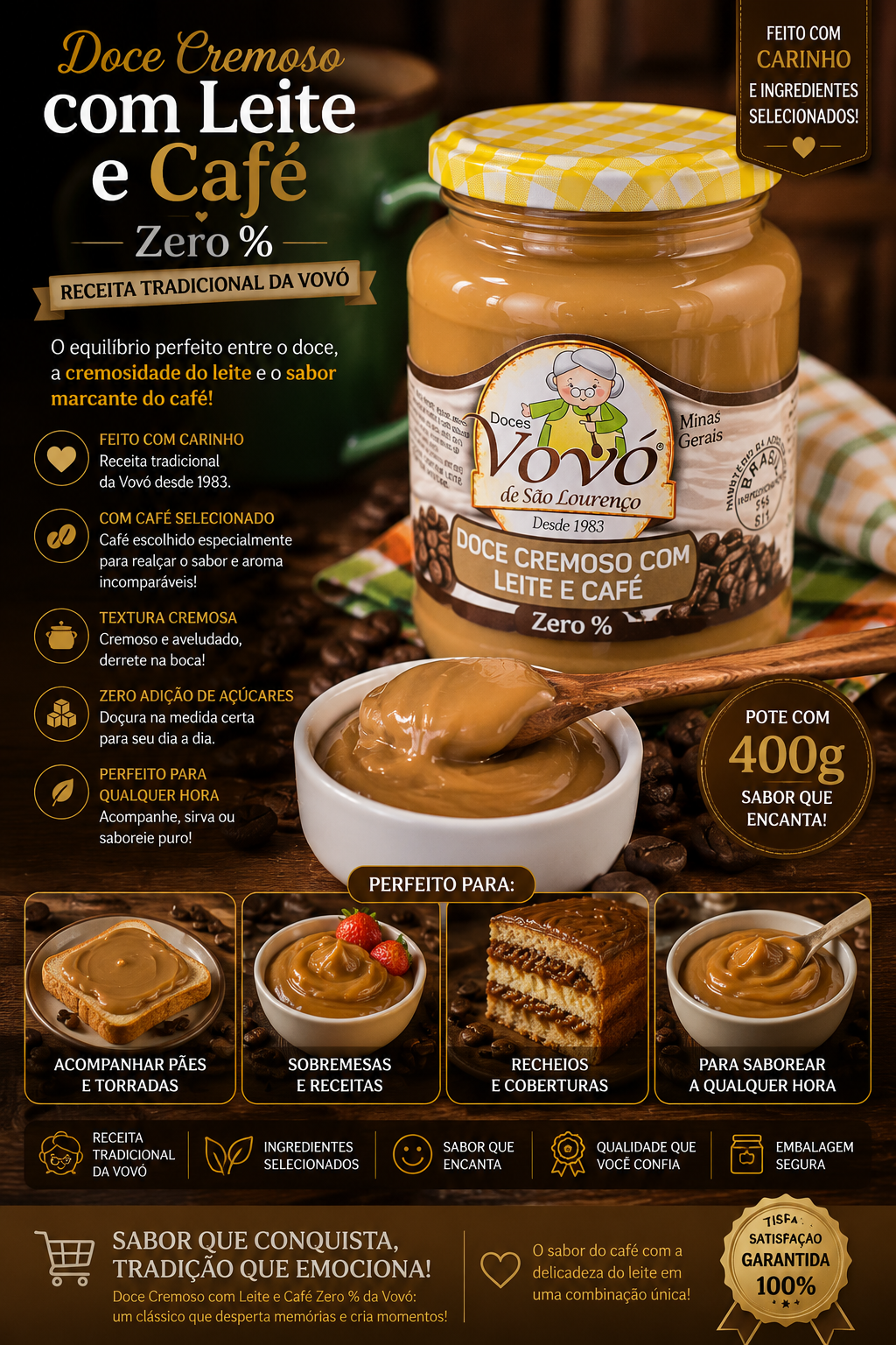 Doce cremoso com Leite e Café da Vovó Zero % Pote com 400 gramas
