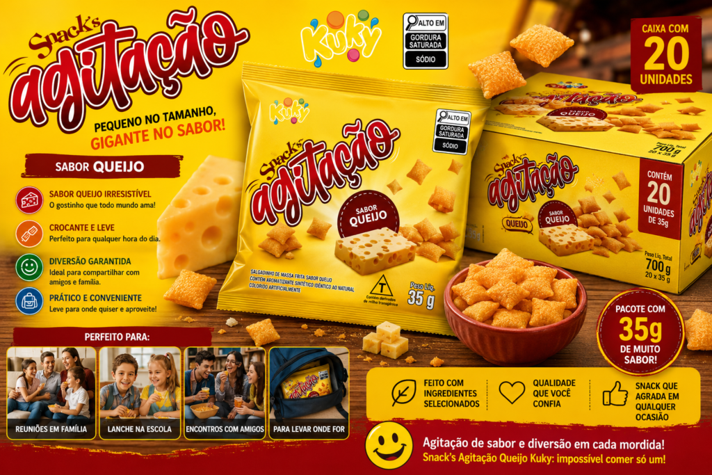 Salgadinho agitação queijo pacote com 35 gramas e caixa com 20 unidades